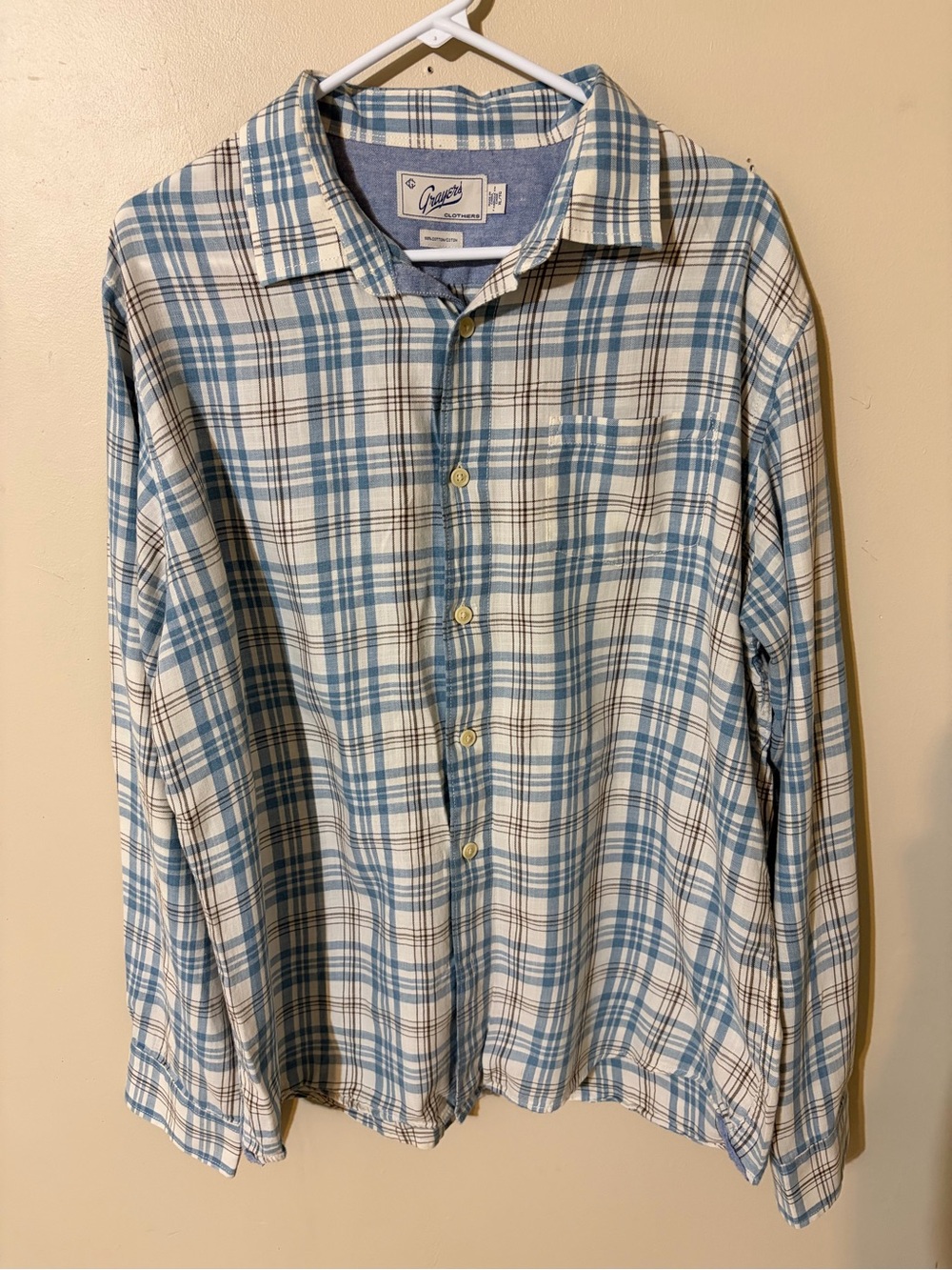 Grayers Men’s Blue and White Plaid Long-Sleeve Button-Up Shirt XL